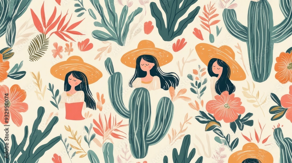 Colorful Pattern of Girls in Sombreros Surrounded by Cacti and Tropical Leaves Colorful Pattern of Girls in Sombreros Surrounded by Cacti and Tropical Leaves