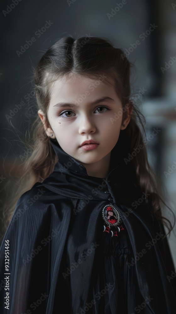 A girl in a dark cloak with a brooch gazes intently, creating an atmosphere of intrigue in a dimly lit space A girl in a dark cloak with a brooch gazes intently, creating an atmosphere of intrigue in a dimly lit space