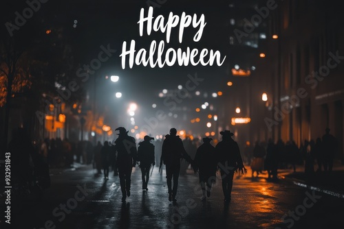 Ghoul Parade Collage: Images of ghouls marching through a dark street. The text "Happy Halloween" in a parade-themed, spooky font at the top