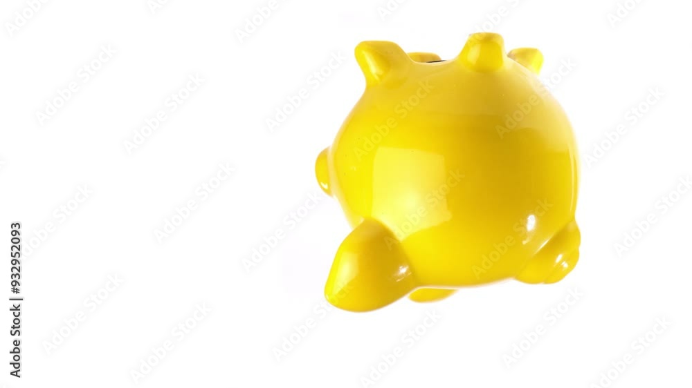 Gelbes Sparschwein fliegt über weißem Hintergrund