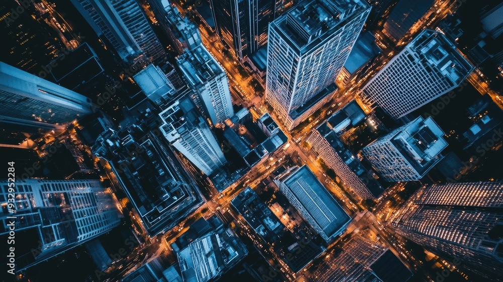 Nighttime Aerial Cityscape with Street Lights Passing Between Tall High-Rise Buildings Nighttime Aerial Cityscape with Street Lights Passing Between Tall High-Rise Buildings