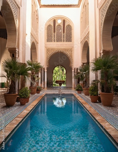 Moroccan pool is surrounded by potted plants and a fountain in the middle