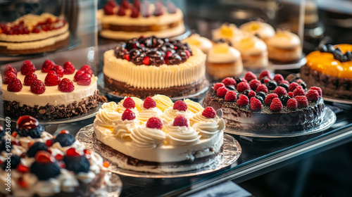 "Assorted cakes of various types are showcased in a glass display at a pastry shop."