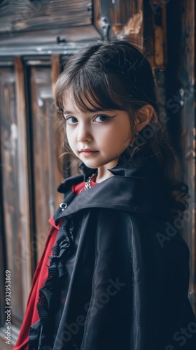 A little girl in a striking cape looks pensively away, surrounded by rustic wooden walls in a cozy setting