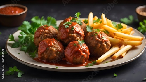 A tempting plate of juicy, perfectly seasoned beef meatballs served alongside a generous portion of golden, crispy French fries, garnished with a sprinkle of herbs.