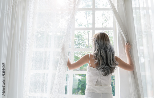 Free Download Portrait of young beautiful asian woman relax near window in spring, summer. Smile happy asian girl fresh start with perfect clear glow skin. Lifestyle slim fit people, education beauty girl next door - GFXLoad