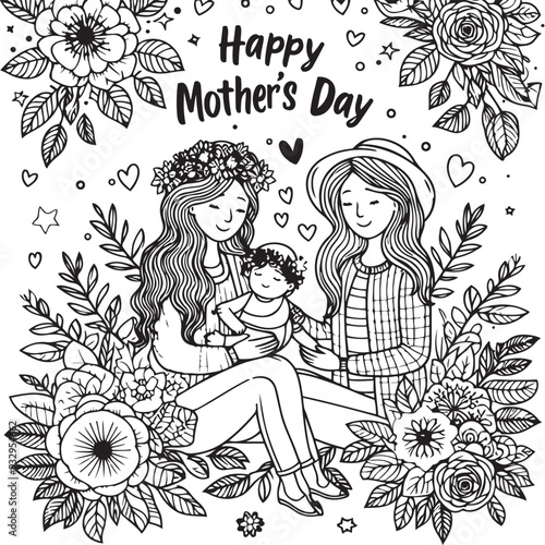 Baby with it's mother coloring page, happy mothers day