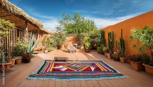 patio with a Mexican style and a colorful rug photo