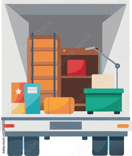 Delivery truck full of boxes is transporting furniture to new apartment-