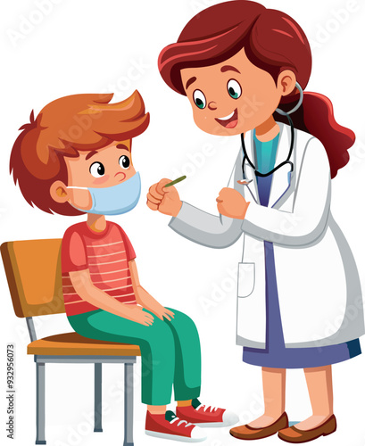 Female doctor examining a boy wearing a mask