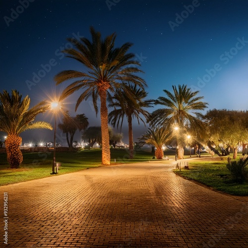 Feddan Park by night in Tetouan City, Morocco photo