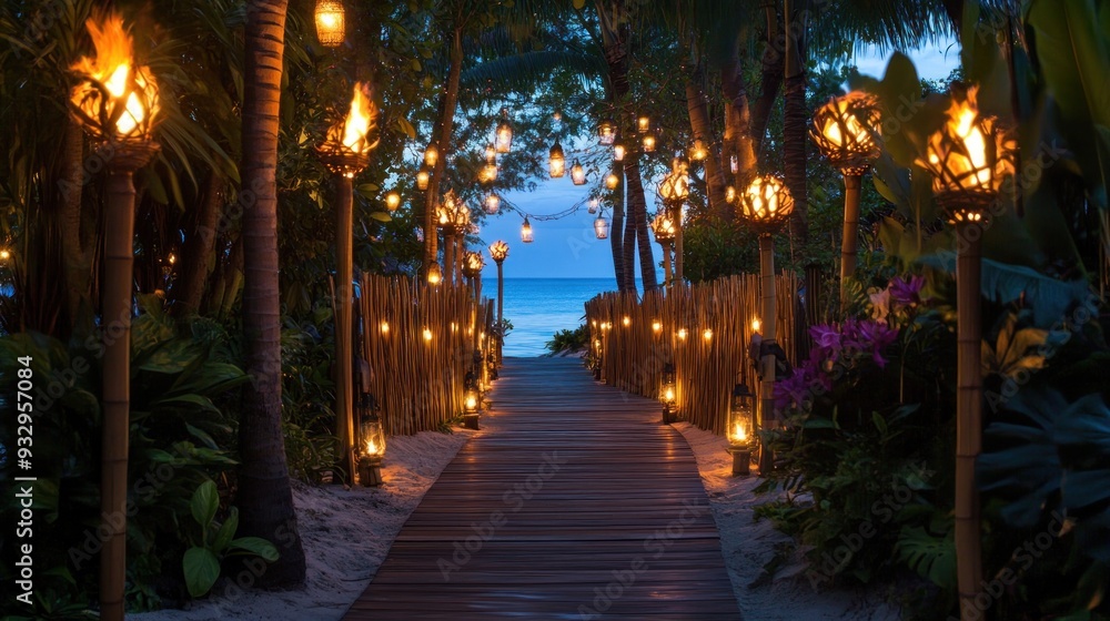Entrance: Create a grand entrance resembling a boardwalk leading to the beach. Use tiki torches, bamboo fencing, and string lights to set the mood.. Entrance: Create a grand entrance resembling a boardwalk leading to the beach. Use tiki torches, bamboo fencing, and string lights to set the mood..