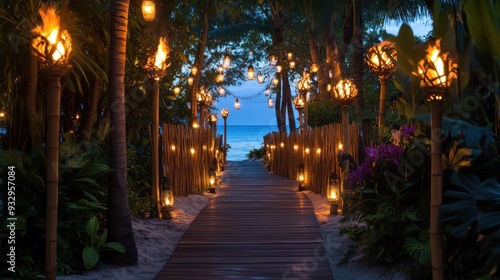 Entrance: Create a grand entrance resembling a boardwalk leading to the beach. Use tiki torches, bamboo fencing, and string lights to set the mood.. 