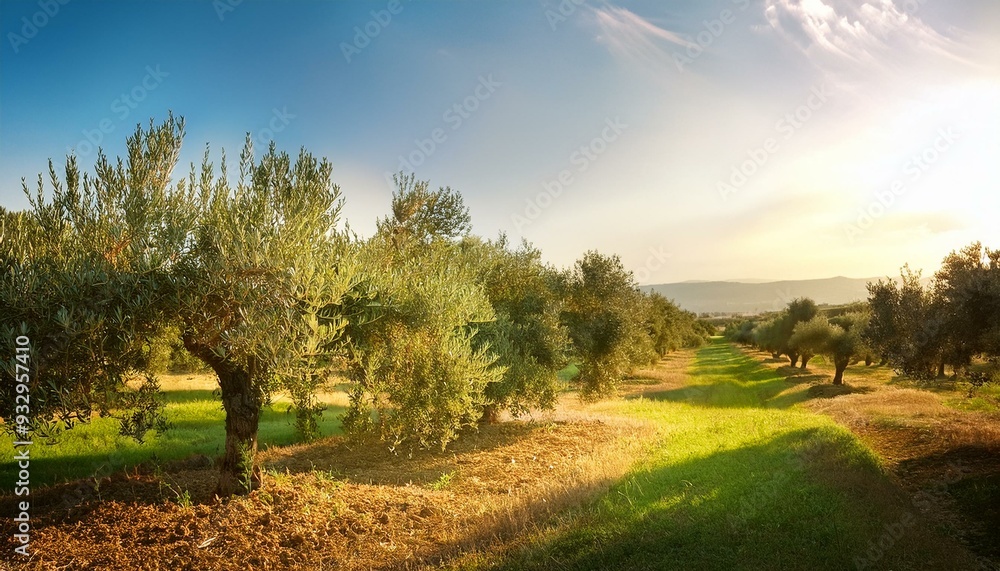 Fototapeta premium close up of Green olive tree in a large field ready for harvest 