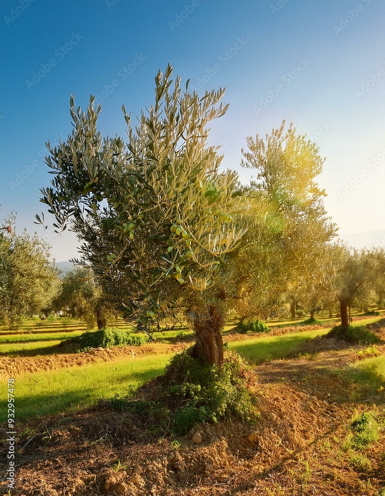  close up of Green olive tree in a large field ready for harvest 