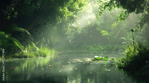 A calm, reflective pond surrounded by lush greenery, with soft light and still waters creating an atmosphere of silent reverie.