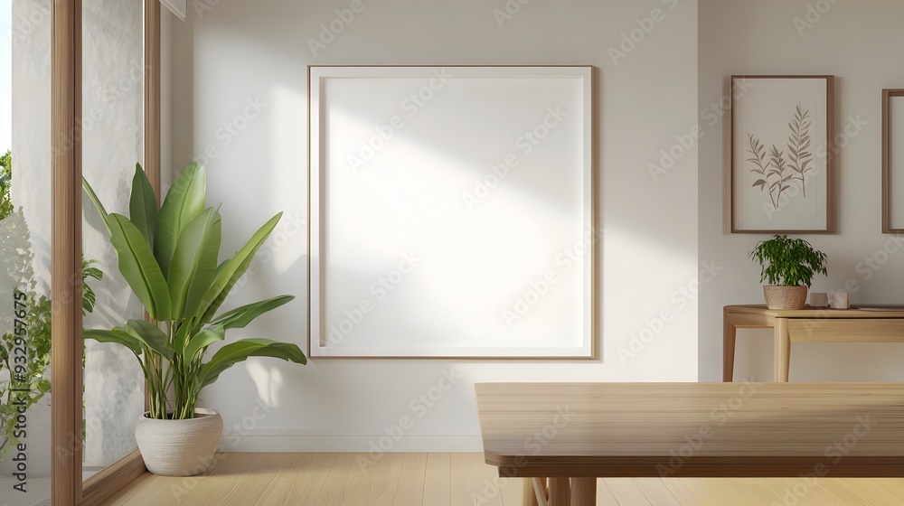 Mockup of a white background frame placed in a cozy,well-lit Scandinavian-inspired interior with a wooden table and a potted plant,showcasing a minimalist,elegant,and contemporary design concept. Mockup of a white background frame placed in a cozy,well-lit Scandinavian-inspired interior with a wooden table and a potted plant,showcasing a minimalist,elegant,and contemporary design concept.