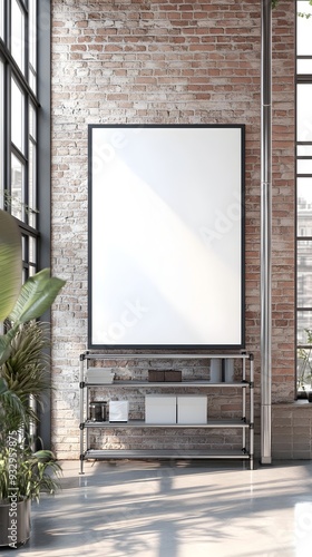 Mockup of a white background frame placed inside a modern industrial loft style home,featuring exposed brick walls,metal shelving units,and floor-to-ceiling windows.