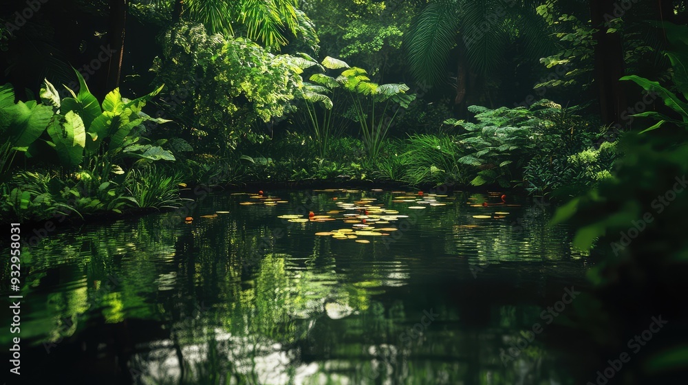 A calm, reflective pond surrounded by lush greenery, with soft light and still waters creating an atmosphere of silent reverie. A calm, reflective pond surrounded by lush greenery, with soft light and still waters creating an atmosphere of silent reverie.