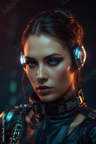 futuristic fashion cyberpunk style, portrain of beautiful woman. futuristic ambiencem sci fi detailed scene. portrait women cyberpunk photo