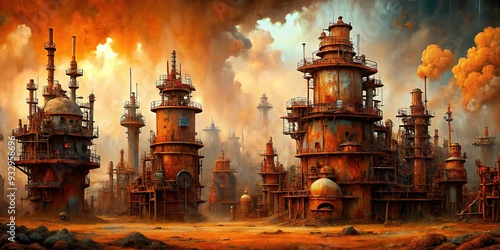 fantastical rusty landscapes of oxidized metal in burnt sienna shades