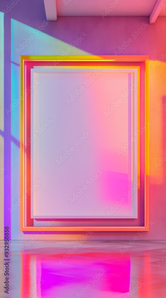 Mockup of a white background frame with bold geometric pattern and vibrant high key lighting inside a modern open concept apartment Mockup of a white background frame with bold geometric pattern and vibrant high key lighting inside a modern open concept apartment