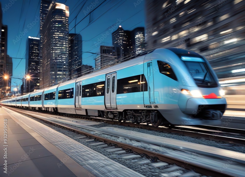 A high-speed image of a modern blue train moving through an urban cityscape A high-speed image of a modern blue train moving through an urban cityscape