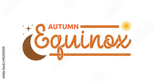 Autumn equinox text calligraphy vector illustration. Handwritten calligraphy with star, moon, and sun ornament. Perfect for seasonal content, banners, social media posts, and creative projects.