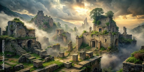 Ancient Alabaster ruins shrouded in eerie mist with decayed stone walls telling tales of forgotten civilizations for a haunting and melancholic atmosphere.
