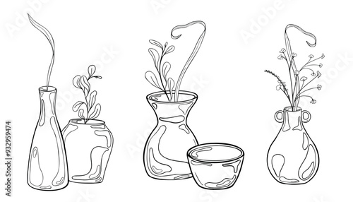 Clay vases with long stems in set black white vector illustration isolated. Ink silhouette pot and floral elements in line art. Bowl line contour hand drawn. Element for ceramics class, modeling clay