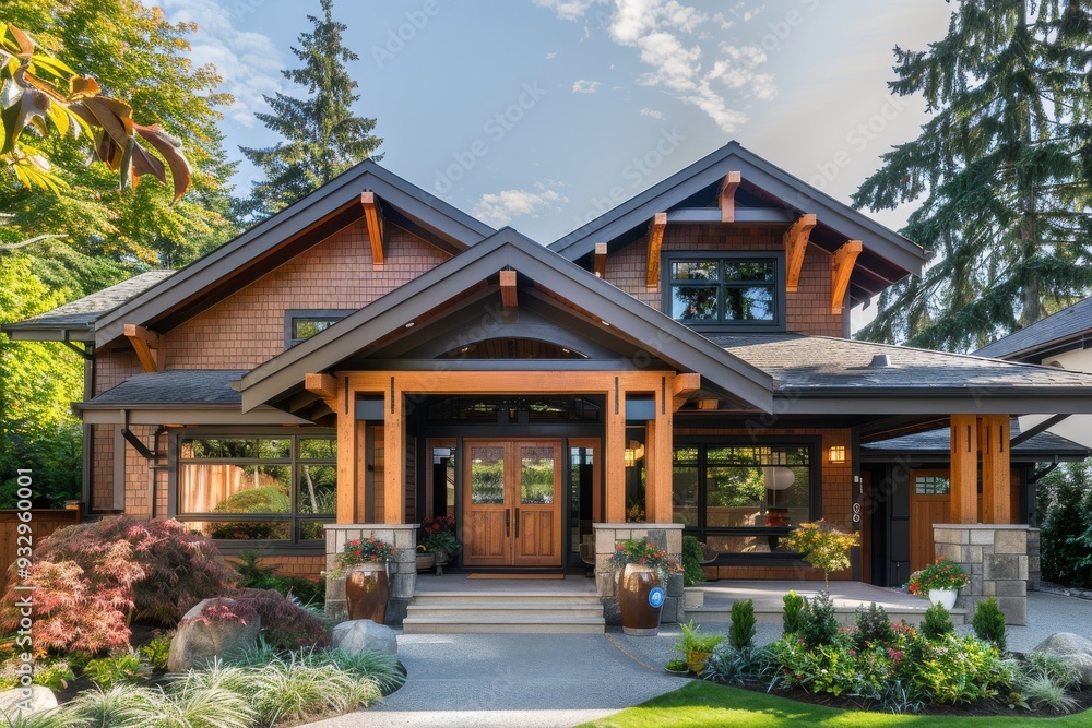 Modern house exterior with wooden beams and large windows. Modern house exterior with wooden beams and large windows.
