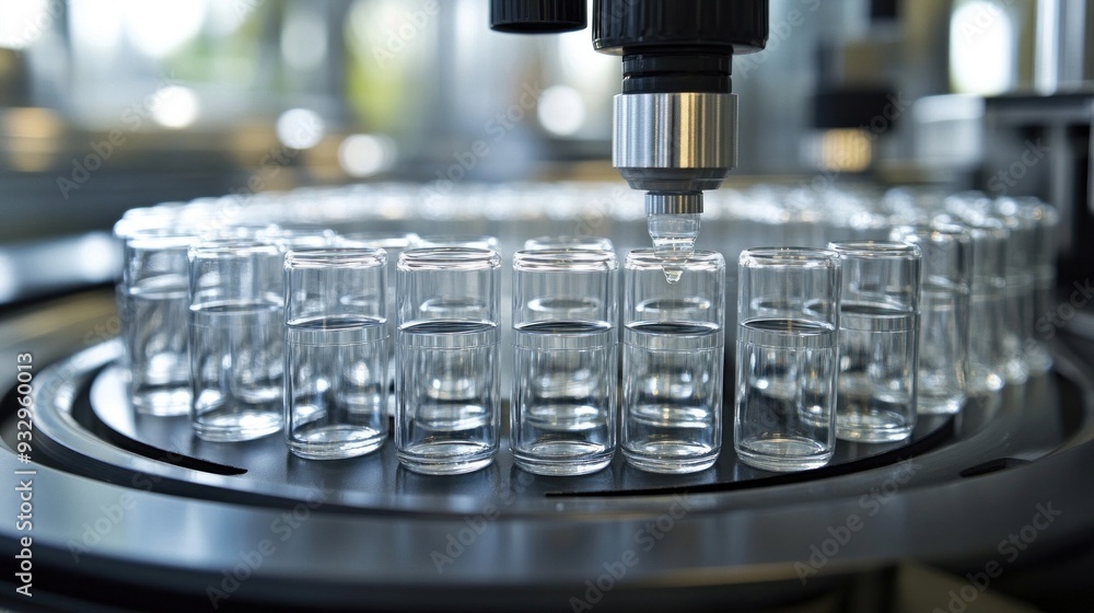 Laboratory automation. Automated machinery fills glass vials with liquids in a cleanroom setting. The setup emphasizes quality and efficiency in production processes. Laboratory automation. Automated machinery fills glass vials with liquids in a cleanroom setting. The setup emphasizes quality and efficiency in production processes.