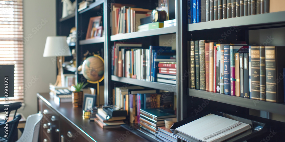 A cozy home office with wooden desk, bookshelves filled with books, globe, and lamp, creating warm and inviting atmosphere. A cozy home office with wooden desk, bookshelves filled with books, globe, and lamp, creating warm and inviting atmosphere.