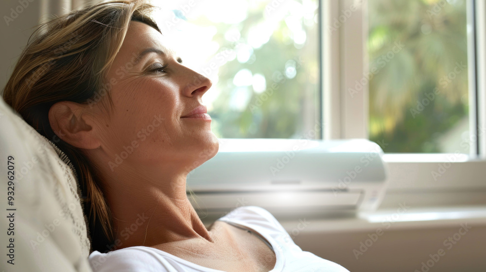 Relaxed woman enjoying peaceful moment by window, exuding tranquility and contentment. Relaxed woman enjoying peaceful moment by window, exuding tranquility and contentment.