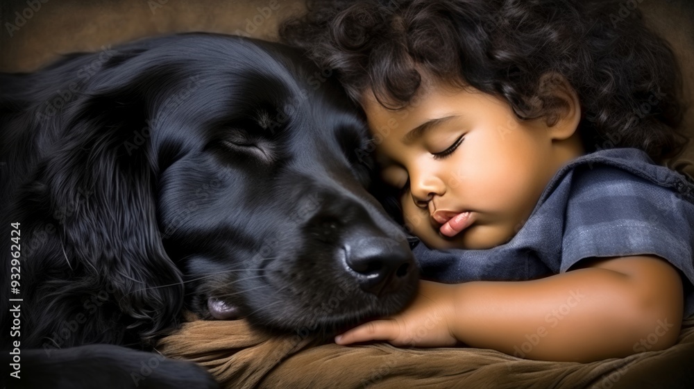 Sweet moment small child and large dog peacefully sleeping together in a heartwarming embrace Sweet moment small child and large dog peacefully sleeping together in a heartwarming embrace