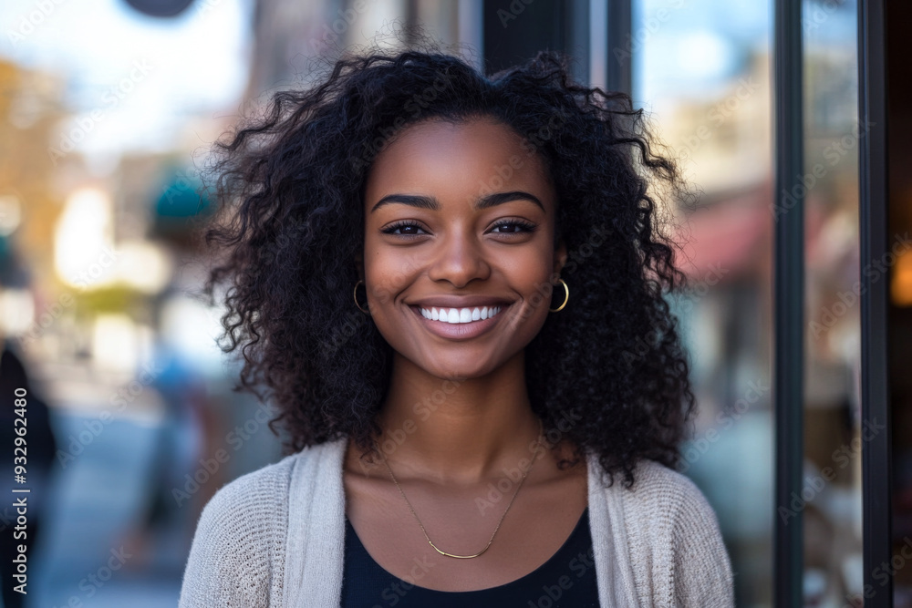 Smiling Woman in a Cozy Cardigan Smiling Woman in a Cozy Cardigan