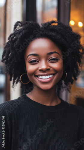 African American woman with curly hair and large earrings photo