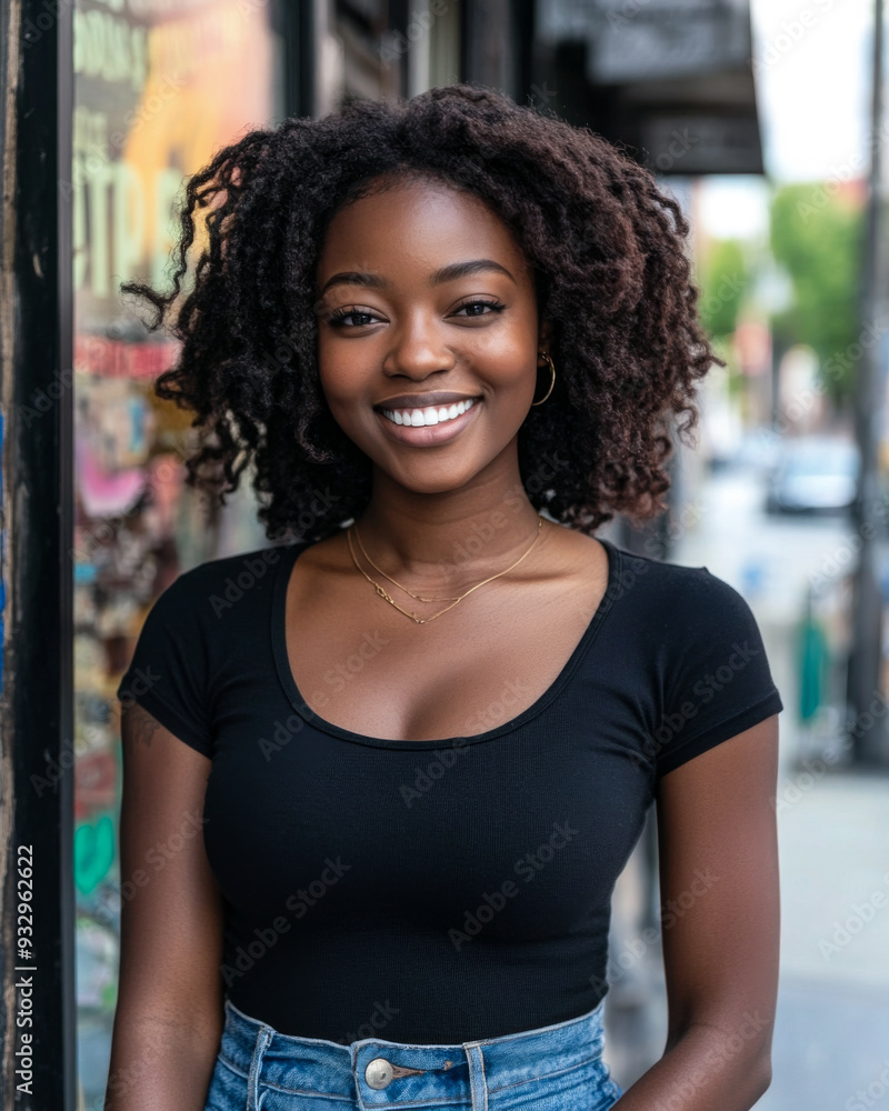 African American woman in black top smiling confidently African American woman in black top smiling confidently