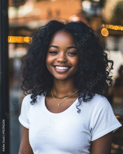 African American woman smiling in white t-shirt