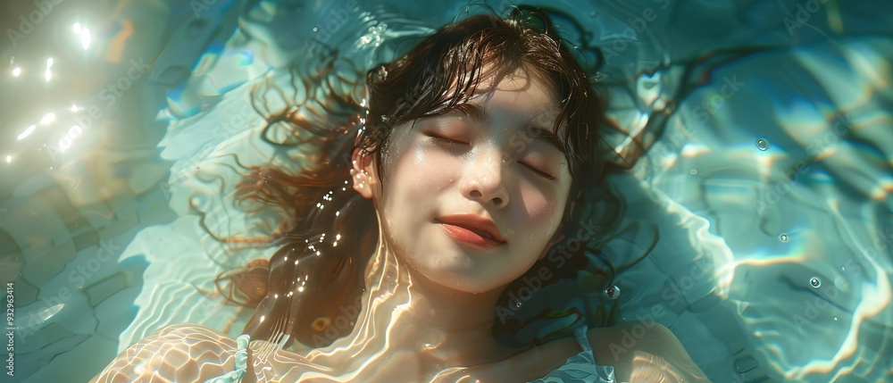 Beautiful korean woman in swimsuit lying in water with reflections on the surface Beautiful korean woman in swimsuit lying in water with reflections on the surface