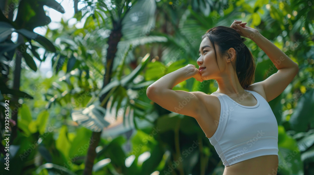 A woman stretches in lush green environment, exuding confidence and tranquility. Her expression reflects sense of peace and connection with nature. A woman stretches in lush green environment, exuding confidence and tranquility. Her expression reflects sense of peace and connection with nature.