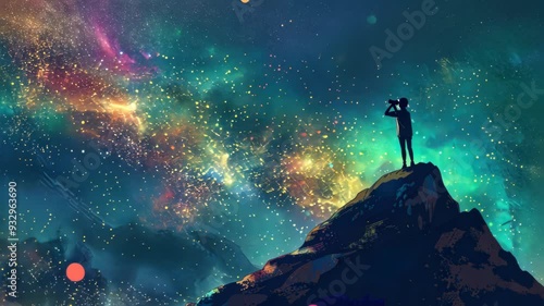 A boy on the mountain looking at stars with binoculars The digital art.