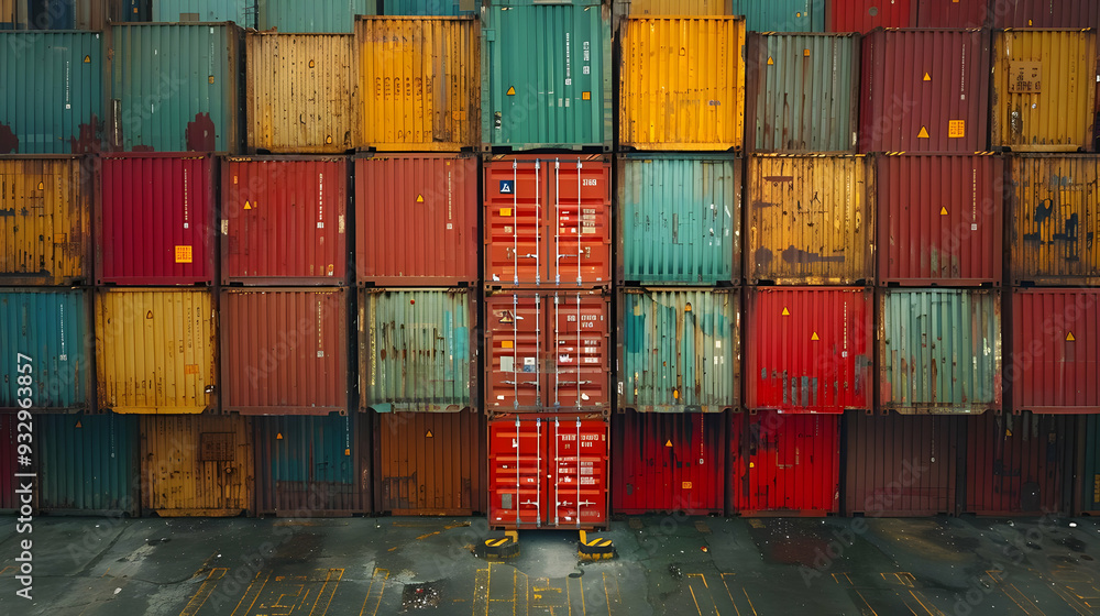 Fototapeta premium Stacked Cargo Shipping Containers - Colorful and Rusty