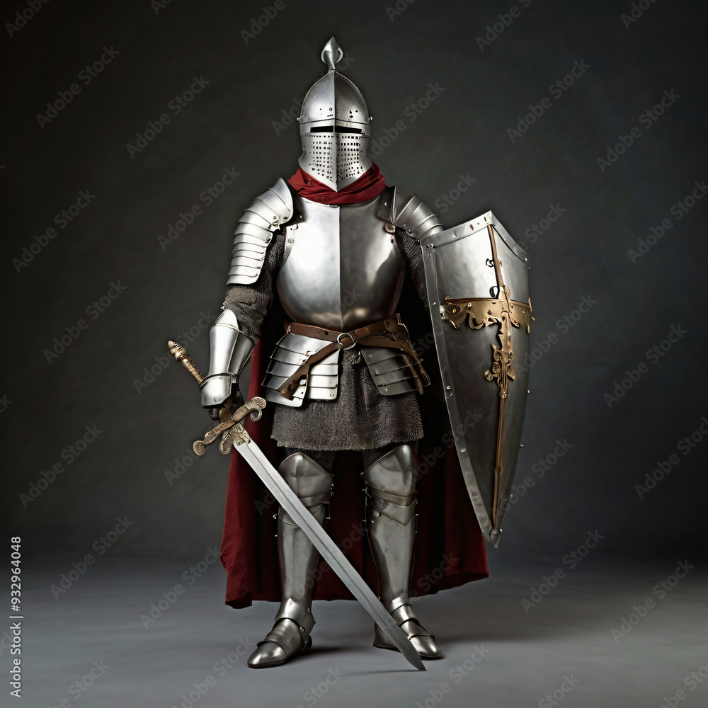 Obraz premium Medieval knight in shining armor with sword and shield, ready for battle