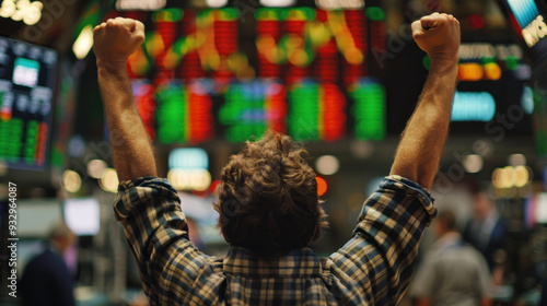 A man celebrates successful stock trade with raised fists, expressing joy and excitement in bustling trading environment. 
