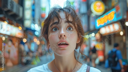 An attractive woman with brown hair, white t-shirt and shocked expression standing in the streets of Tokyo. Generative AI.