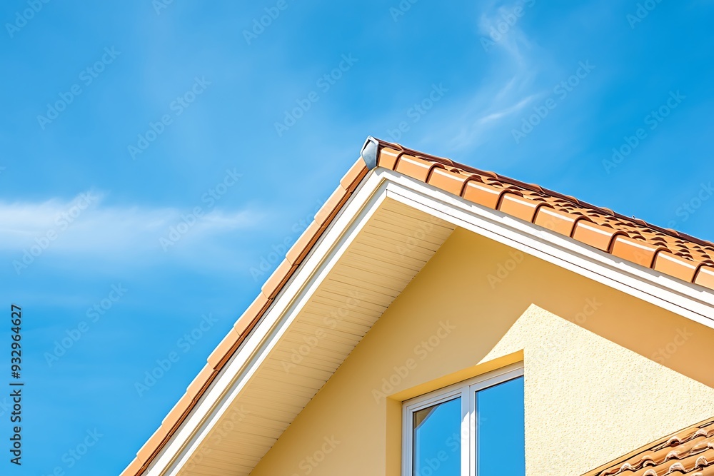 Front view of house roof on blue sky background copy space.