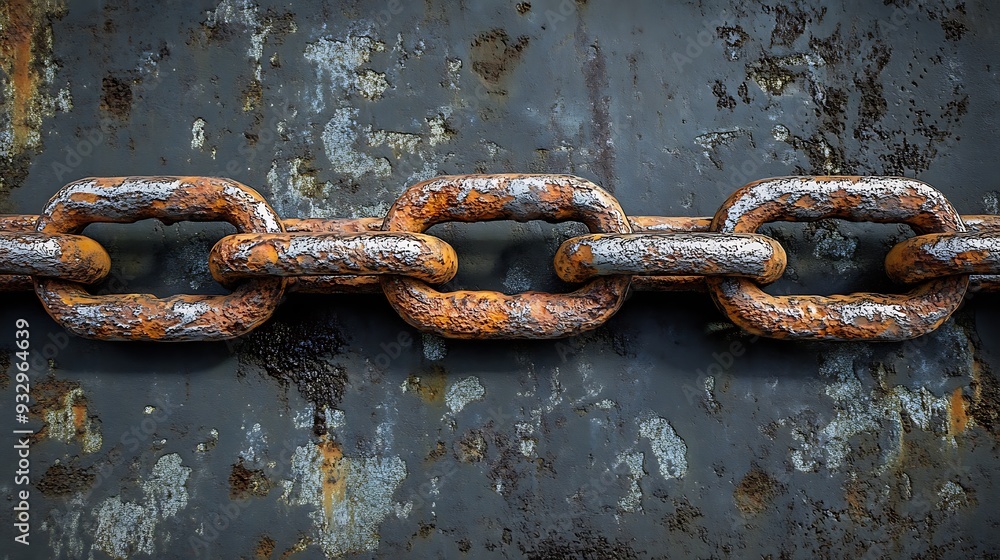 Rusty chain links against a weathered metal background, portraying the ruggedness of age. Rusty chain links against a weathered metal background, portraying the ruggedness of age.