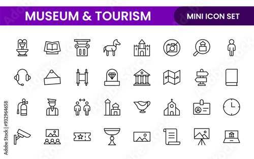 Museum and Tourism outline modern icon set. editable line icon illustration.
