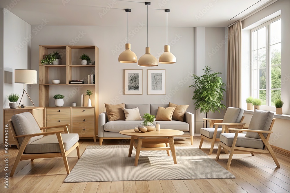 Fototapeta premium Softwood hues blend with crisp white accents, minimalist silhouettes, and soothing neutral tones to create a calming retreat that embodies Scandinavian serenity.